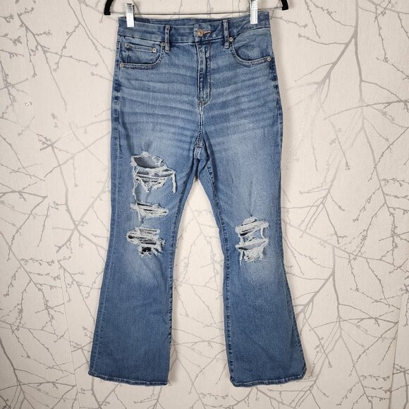 American Eagle Distressed Ripped Curvy Super High Rise Flare Jeans - Picture 1 of 9